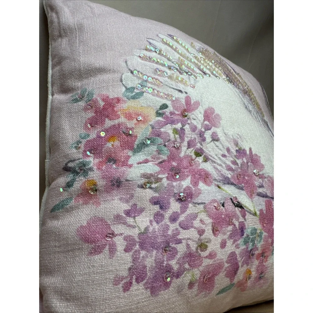 Envogue Kid Spring Floral Swan Sequin pink Easter 17x17 Decorative Accent Pillow
